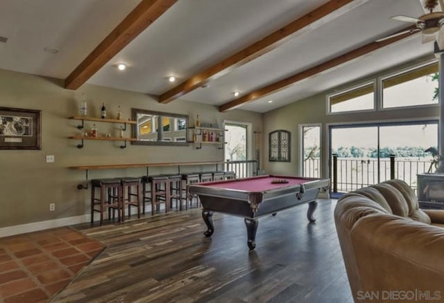 playroom featuring pool table, plenty of natural light, dark hardwood / wood-style flooring, and vaulted ceiling with beams