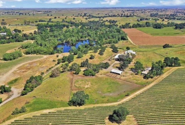 birds eye view of property featuring a water view and a rural view