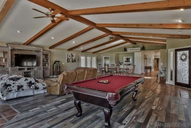 recreation room with dark hardwood / wood-style flooring, vaulted ceiling with beams, ceiling fan, and billiards