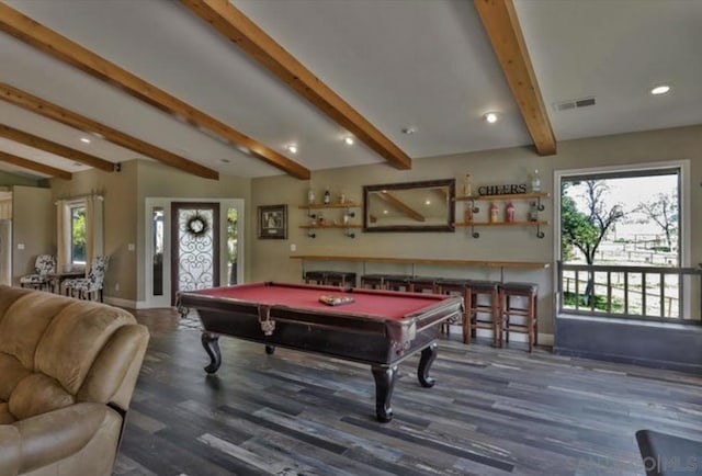 recreation room with beam ceiling, billiards, and dark hardwood / wood-style floors