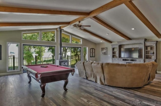 game room featuring lofted ceiling with beams, dark wood-type flooring, ceiling fan, and billiards