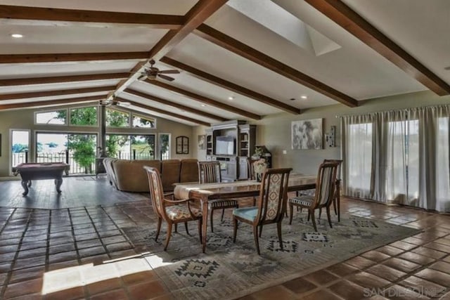 dining room with vaulted ceiling with beams, ceiling fan, and billiards