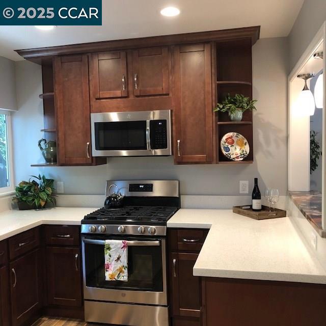 kitchen with appliances with stainless steel finishes and dark brown cabinetry