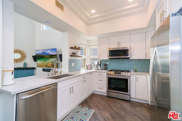 kitchen featuring white cabinetry, sink, kitchen peninsula, and appliances with stainless steel finishes