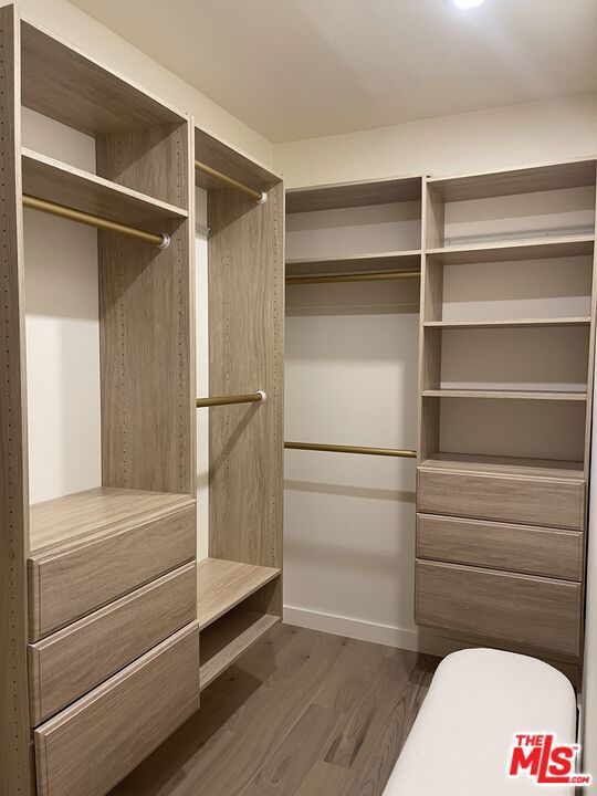 walk in closet with dark wood-type flooring