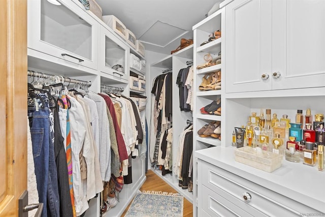 walk in closet with light wood-type flooring