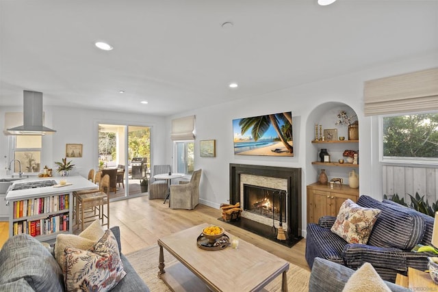 living room with sink and light hardwood / wood-style floors