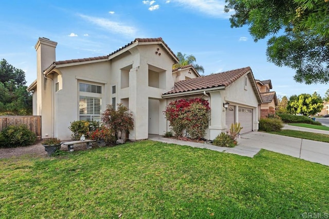 mediterranean / spanish house featuring stucco siding, driveway, a front yard, a garage, and a chimney