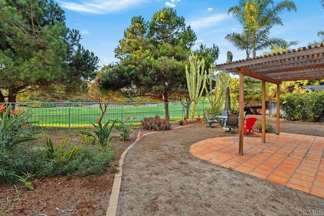 view of yard with a patio area, a pergola, and a fenced backyard