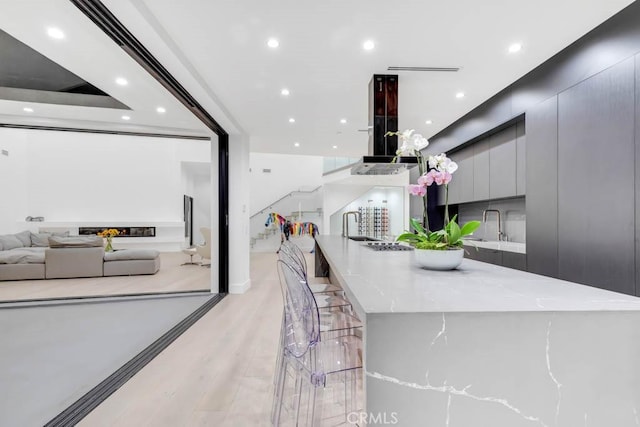 interior space with sink, light hardwood / wood-style flooring, light stone countertops, and a spacious island