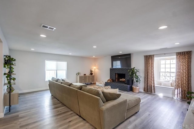 living room featuring a fireplace and light wood-type flooring