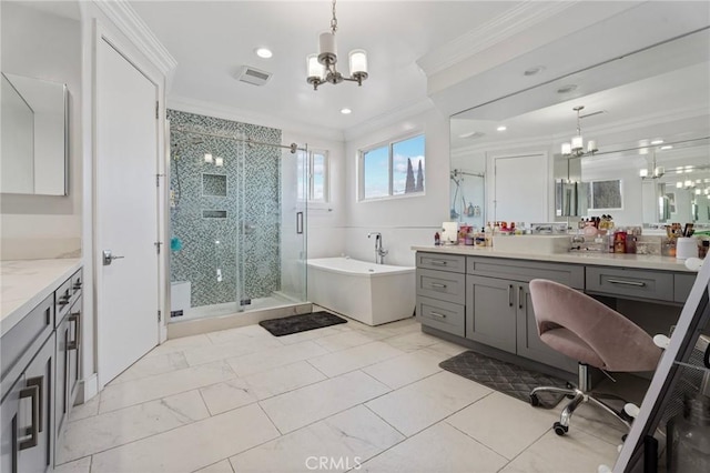 bathroom featuring an inviting chandelier, vanity, ornamental molding, and independent shower and bath