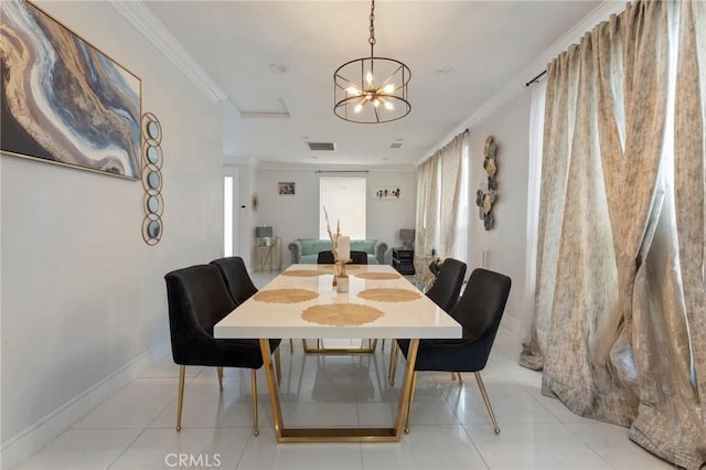 tiled dining room with ornamental molding