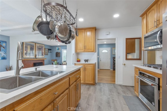 kitchen with a fireplace, decorative light fixtures, sink, light hardwood / wood-style floors, and stainless steel appliances