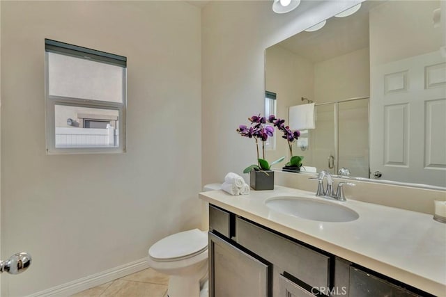 bathroom featuring tile patterned flooring, vanity, an enclosed shower, and toilet