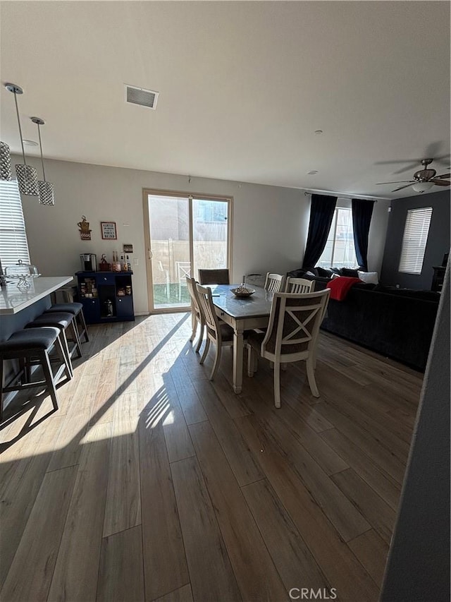 dining space featuring hardwood / wood-style flooring, ceiling fan, and a wealth of natural light