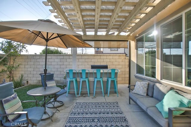 view of patio / terrace featuring a pergola, outdoor lounge area, and exterior bar