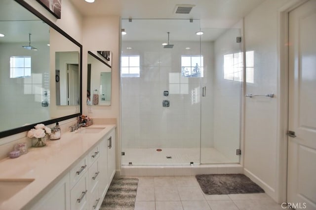 bathroom featuring tile patterned flooring, vanity, and a shower with shower door