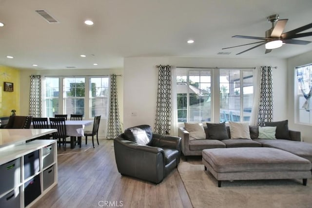 living room with hardwood / wood-style floors and a healthy amount of sunlight