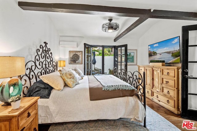 bedroom with dark hardwood / wood-style flooring, lofted ceiling with beams, a wall unit AC, and access to outside