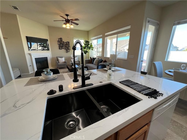 kitchen with ceiling fan, sink, a wealth of natural light, and white dishwasher