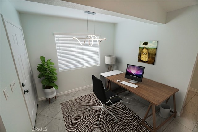 home office featuring light tile patterned floors, baseboards, and a notable chandelier