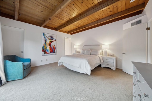 carpeted bedroom featuring wood ceiling and beam ceiling