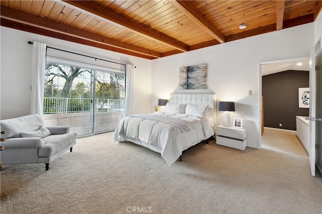 bedroom featuring wood ceiling, beam ceiling, and access to outside