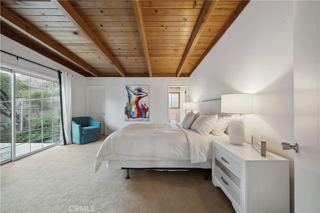 carpeted bedroom with vaulted ceiling with beams, access to exterior, and wood ceiling