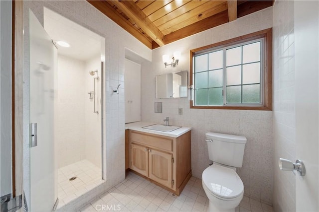 bathroom with a shower with shower door, tile walls, vanity, toilet, and wooden ceiling