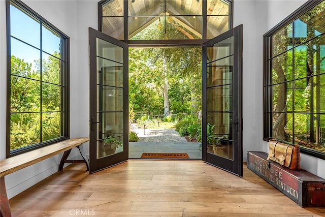 doorway to outside featuring light hardwood / wood-style flooring and french doors