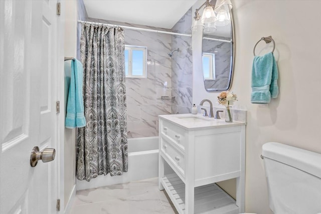 full bathroom featuring vanity, toilet, and shower / bath combo with shower curtain