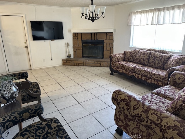 living room with a chandelier, light tile patterned floors, a fireplace, and a textured ceiling