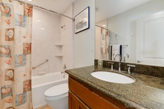 full bathroom featuring vanity, shower / tub combo, and toilet