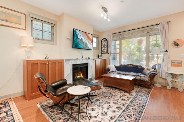 living area featuring a high end fireplace and light hardwood / wood-style flooring