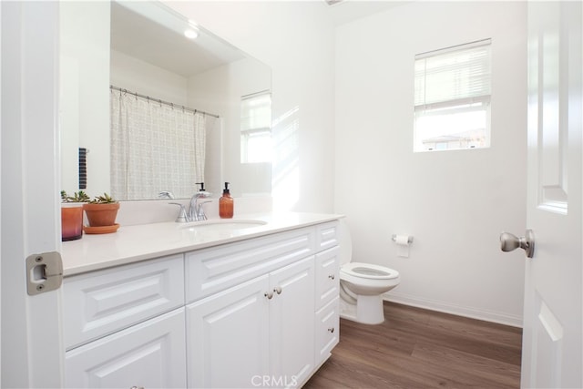 bathroom with vanity, hardwood / wood-style floors, and toilet