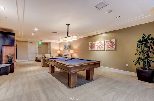 game room with pool table, light carpet, visible vents, and baseboards