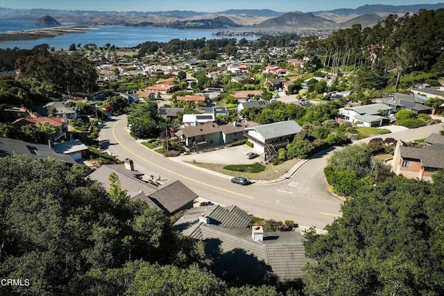 bird's eye view featuring a water and mountain view