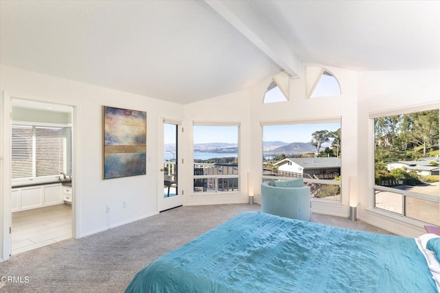 carpeted bedroom featuring multiple windows, connected bathroom, access to outside, and lofted ceiling with beams