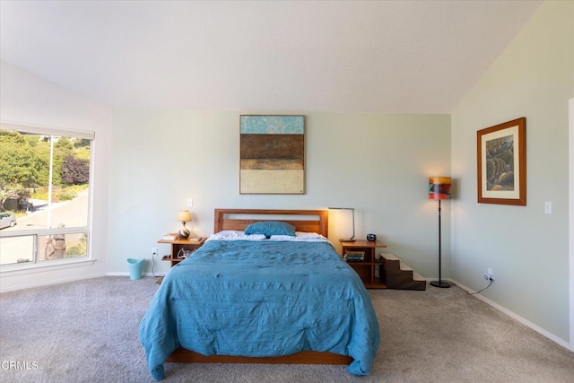 bedroom with carpet and lofted ceiling