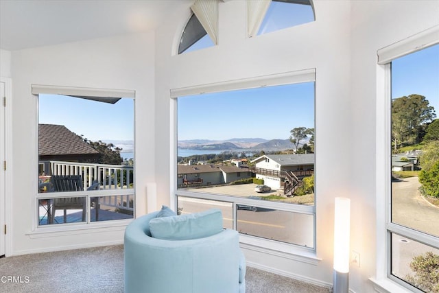 sunroom / solarium with a mountain view, vaulted ceiling, and a wealth of natural light