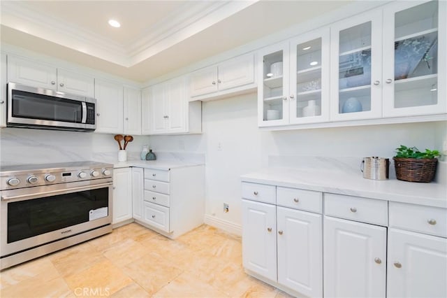 kitchen featuring white cabinetry, ornamental molding, stainless steel appliances, and a tray ceiling