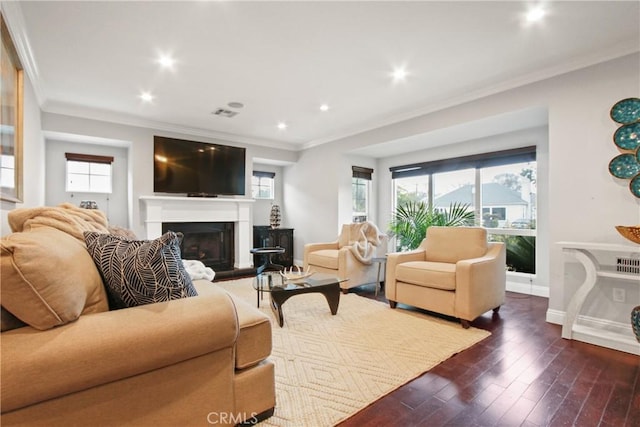 living room featuring ornamental molding, dark hardwood / wood-style floors, and a wealth of natural light