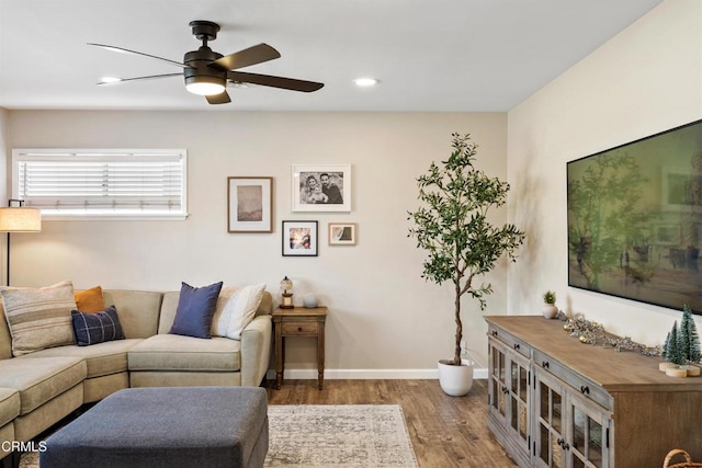 living room featuring wood-type flooring and ceiling fan