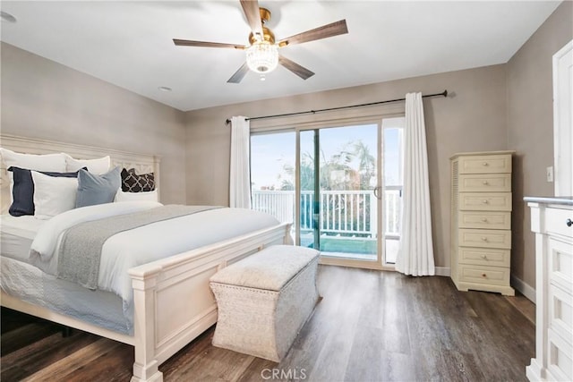 bedroom featuring dark hardwood / wood-style floors, access to outside, and ceiling fan