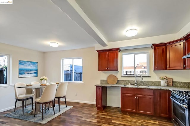 kitchen featuring sink, dark wood-type flooring, dishwasher, light stone counters, and gas range