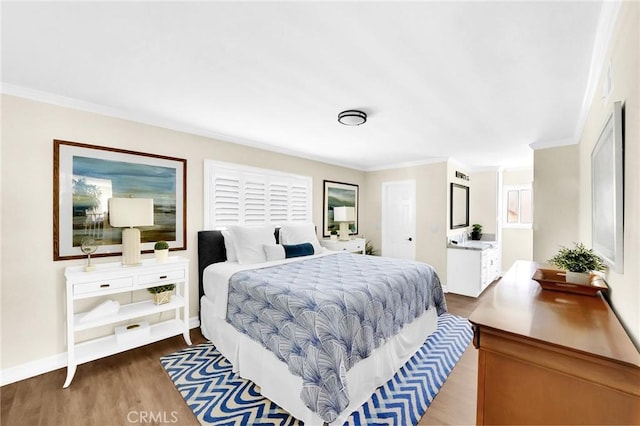 bedroom with crown molding and dark wood-type flooring