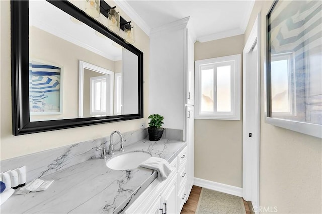 bathroom featuring vanity, wood-type flooring, and ornamental molding