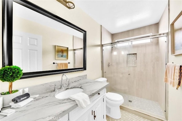 bathroom with a shower with door, vanity, and toilet