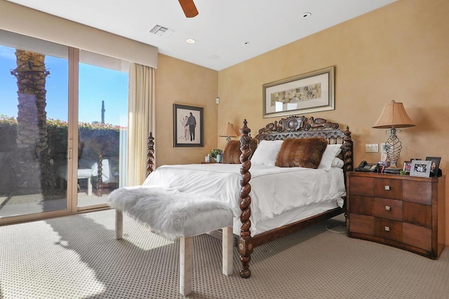 carpeted bedroom featuring access to exterior and ceiling fan